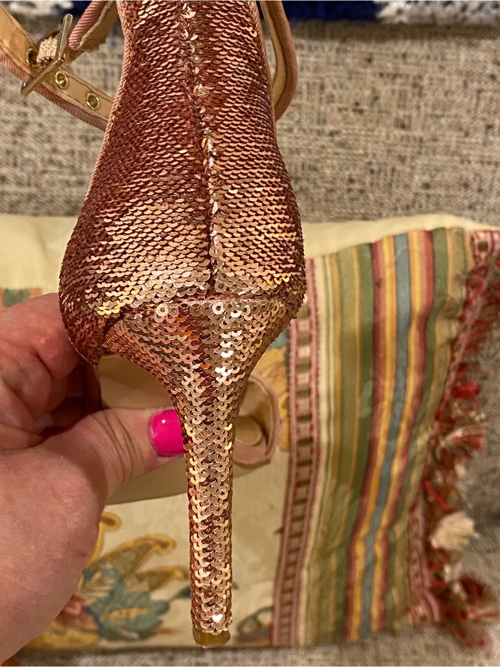 Badgley Mischka Rose Gold Sequin Ankle-Strap Heels